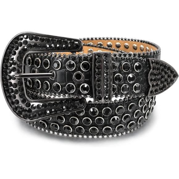 Women Men Rhinestones Belt I-black(alligator)